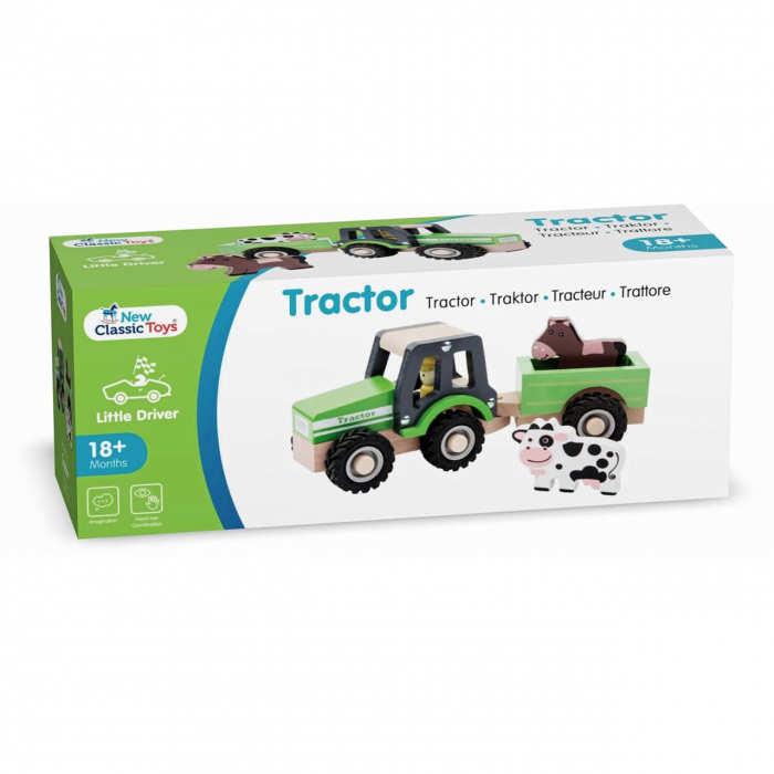 Tractor cu trailer si animale din lemn, New Classic Toys, 1-2 ani + [4]