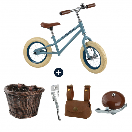 Jucarii de exterior - Bicicletă de echilibru retro albastră cu cos, buzunar si claxon vintage, Hudora