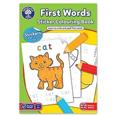 Carte de colorat cu activitati in limba engleza si abtibilduri Primele cuvinte FIRST WORDS, Orchard Toys, 2-3 ani + [1]