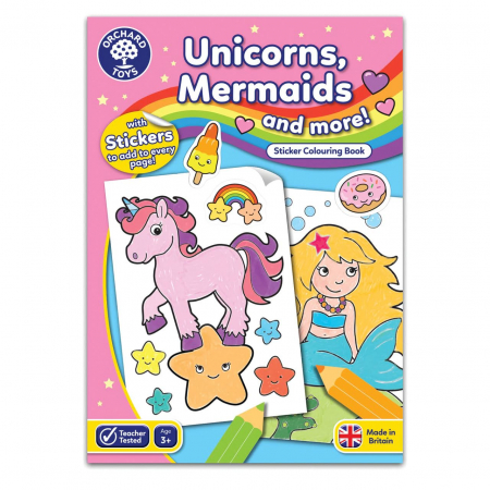 Carte de colorat cu activitati in limba engleza si abtibilduri Unicorni, Sirene si Altele UNICORNS, MERMAIDS AND MORE, Orchard Toys, 2-3 ani + [1]