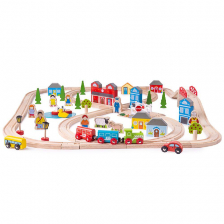 Jucarii baieti - Circuit auto si feroviar (101 piese), BIGJIGS Toys, 2-3 ani +