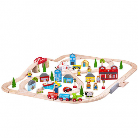 Circuit auto si feroviar (101 piese), BIGJIGS Toys, 2-3 ani + [1]