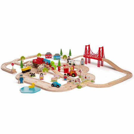Masinute si trenulete - Circuit auto si feroviar (80 piese), BIGJIGS Toys, 2-3 ani +