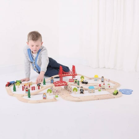 Circuit auto si feroviar (80 piese), BIGJIGS Toys, 2-3 ani + [7]