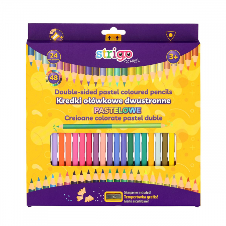Produse - Creioane colorate duble Strigo, 24 bucati, 48 culori pastel, triunghiulare, cu ascutitoare