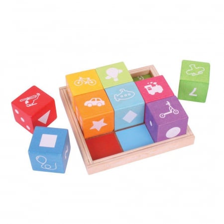 Jucarii interactive - Cuburi din lemn cu imagini, BIGJIGS Toys, 1-2 ani +