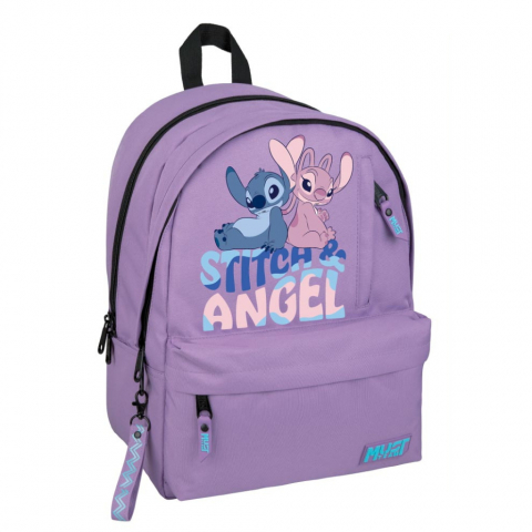 Gradinita si scoala - Ghiozdan Disney Stitch & Angel, 2 compartimente, 32x19x42 cm, Mov, MUST TEAM