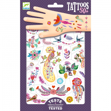 Jucarii copii 2-3 ani - Joc creativ Tatuaje Djeco Pasari multicolore, 2-3 ani +