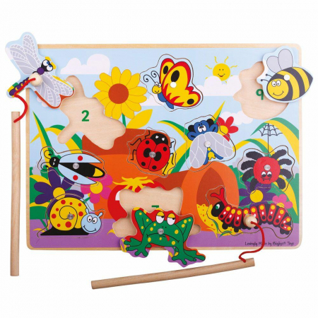 Jocuri cu magneti - Joc de pescuit magnetic - Prietenii din gradina, BIGJIGS Toys, 1-2 ani +