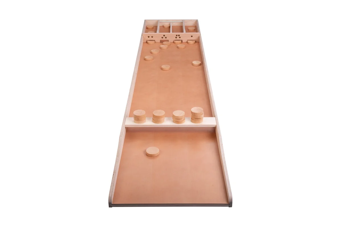 Jucarii copii 6-7 ani - Joc olandez Sjoelen Advance nuanță închisă, cu 30 de piese de joc Ø52 mm. Dimensiuni 200 x 40,8 x 4 cm
