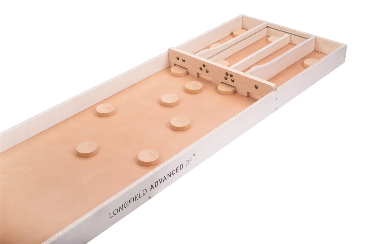 Joc olandez Sjoelen Advance nuanță închisă, cu 30 de piese de joc Ø52 mm. Dimensiuni 200 x 40,8 x 4 cm [1]