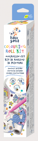 Jocuri creative - Kit rola de desenat 3 m si 12 creioane colorate cerate, Haku Yoka - Unicorni