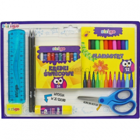 Produse - Kit scolar 8 piese compus din cutie carioci 12 culori, rigla flexibila 15cm, guma de sters, STRIGO