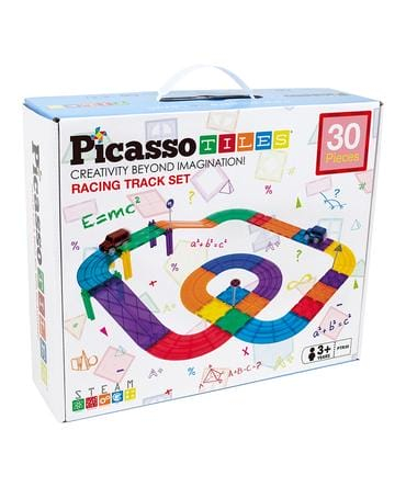 Seturi de construit - PicassoTiles, Pistă de curse, 30 de piese magnetice cu 2 masinuțe, + 3 ani