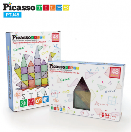 Seturi de construit - PicassoTiles, Set magnetic de construit 48 de piese cu sclipici, +3 ani