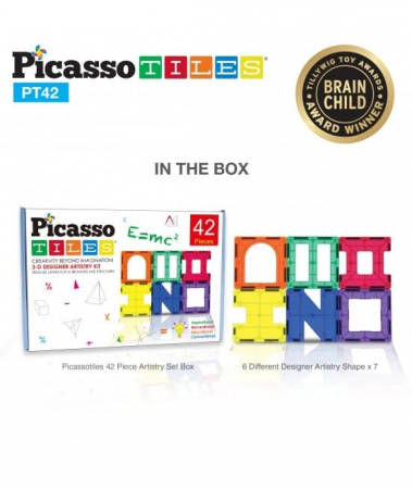 Seturi de construit - PicassoTiles, Set magnetic de construit de 42 de piese, 6 forme diferite, +3 ani