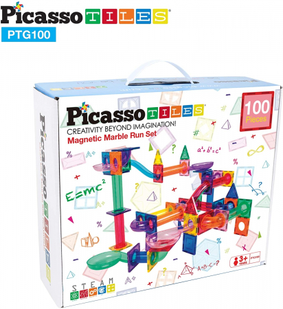 Seturi de construit - PicassoTiles, Traseu magnetic cu bile (Marble Run)100 de piese, + 3 ani