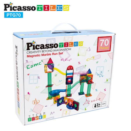 Seturi de construit - PicassoTiles, Traseu magnetic cu bile (Marble Run) 70 de piese, + 3 ani