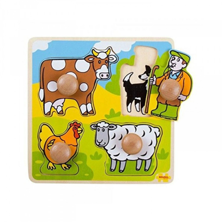 Jucarii din lemn - Primul meu puzzle - 4 animale domestice, BIGJIGS Toys, 1-2 ani +