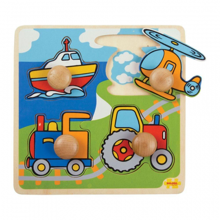 Jucarii din lemn - Primul meu puzzle - 4 mijloace de transport, BIGJIGS Toys, 1-2 ani +