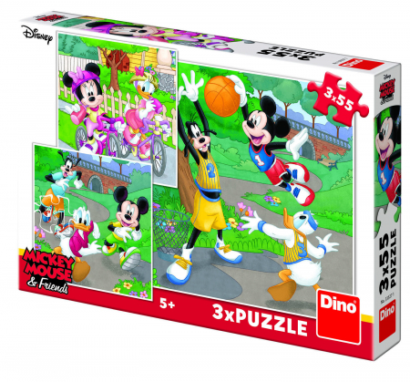 Jucarii copii 4-5 ani - Puzzle 3 in 1 - Mickey si Minnie sportivii (55 piese), Dino, 4-5 ani +