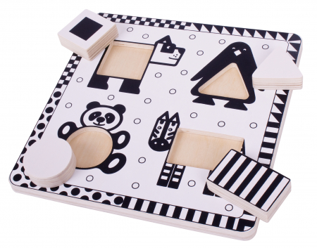 Jucarii din lemn - Puzzle alb-negru - animale si forme, BIGJIGS Toys, 1-2 ani +
