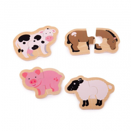 Jucarii din lemn - Puzzle - animale de la ferma, BIGJIGS Toys, 1-2 ani +