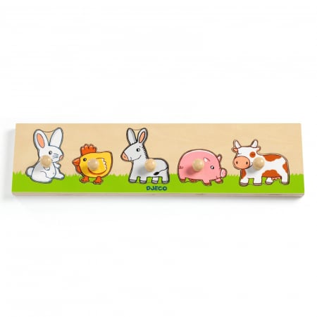 Puzzle din lemn - Puzzle cu buton Ferma, Djeco, 1-2 ani +