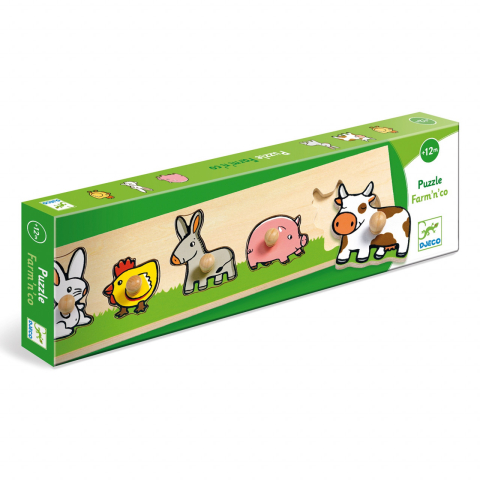 Puzzle bebelusi - Puzzle cu buton Ferma, Djeco, 1-2 ani +
