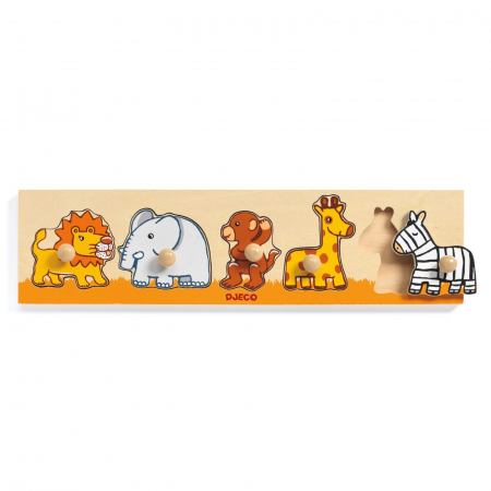 Puzzle din lemn - Puzzle cu buton Savana, Djeco, 1-2 ani +