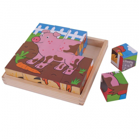 Puzzle cubic - Animalute de la ferma, BIGJIGS Toys, 1-2 ani + [1]