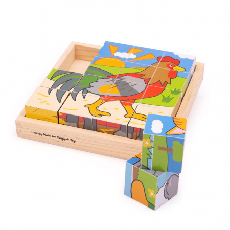 Produse - Puzzle cubic - Animalute de la ferma, BIGJIGS Toys, 1-2 ani +