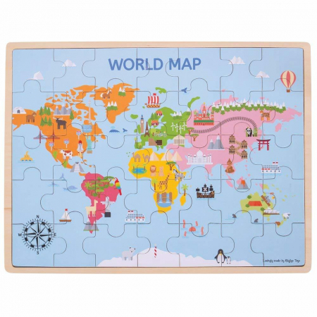 Jucarii baieti - Puzzle din lemn - Harta lumii (35 piese), BIGJIGS Toys, 2-3 ani +