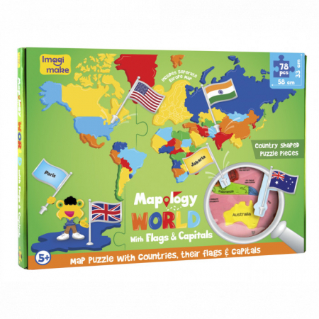 Puzzle - Puzzle Educativ din Spuma EVA - Harta Lumii cu Steaguri si Capitale, Imagimake, 5 ani+
