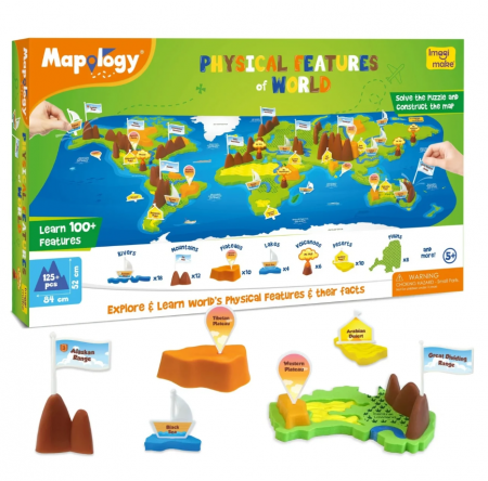 Jocuri geografie - Puzzle Harta lumii cu Forme de relief, +5 ani