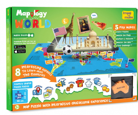 Jocuri geografie - Puzzle Harta Lumii cu Steaguri si Capitale - Realitate Augmentata cu Activitati in Limba Engleza, Imagimake, 5 ani+