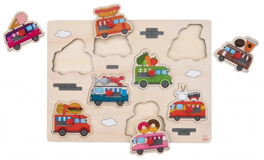 Jucarii copii 2-3 ani - Puzzle incastru din lemn cu butoane - Camionul cu mâncare, dimensiune 30 x22.5 cm