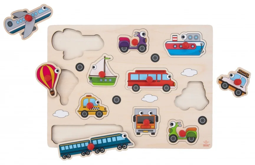 Jucarii copii 2-3 ani - Puzzle incastru din lemn cu butoane Vehicule, 30 x 22.5 cm