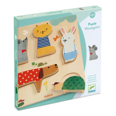 Puzzle bebelusi - Puzzle lemn animale de companie, Djeco, 1-2 ani +