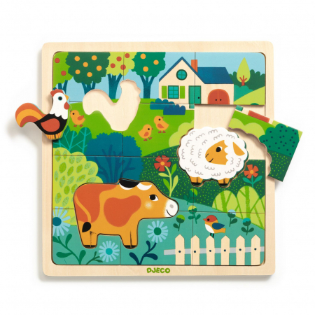 Jucarii copii 2-3 ani - Puzzle lemn Animale de la ferma, Djeco, 2 ani+