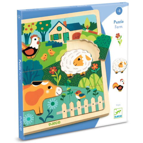 Jucarii copii 1-2 ani - Puzzle lemn Animale de la ferma, Djeco, 2 ani+
