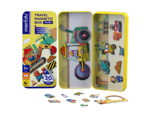 Jucarii si jocuri copii - Puzzle magnetic in cutie metalica, joc de potrivire si asociere - Camioane