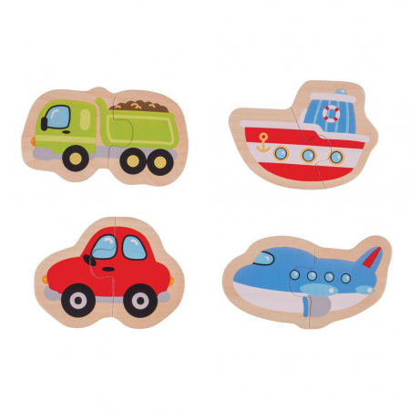 Jucarii din lemn - Puzzle - mijloace de transport (8 piese), BIGJIGS Toys, 1-2 ani +
