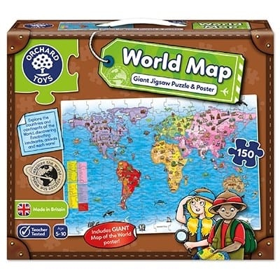 Gradinita si scoala - Puzzle si poster Harta lumii (limba engleza 150 piese) WORLD MAP PUZZLE & POSTER, Orchard Toys, 4-5 ani +