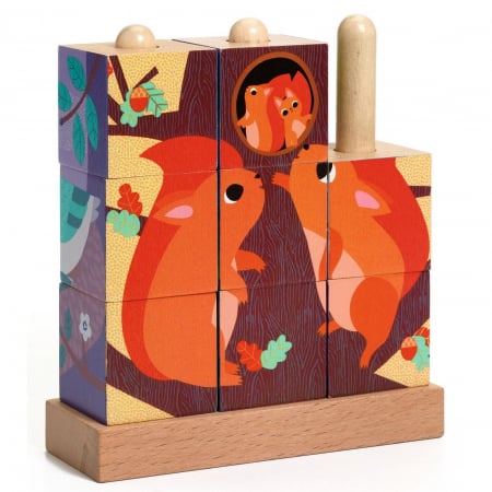 Cuburi din lemn - Puzzle vertical cu cuburi Djeco, Puzz-Up Forest, 2-3 ani +
