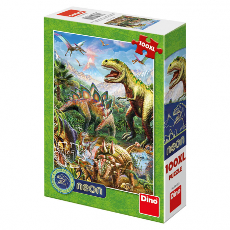 Jucarii copii 4-5 ani - Puzzle XL - Lumea dinozaurilor neon (100 piese), Dino, 4-5 ani +
