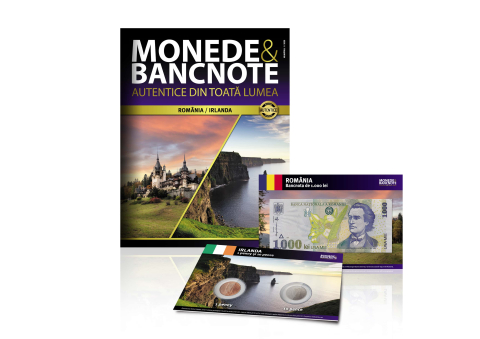 Jucarii copii 14+ ani - Revista Monede si Bancnote Autentice Nr.1: 1000 lei Romania - 1 Penny si 10 Pence Irlanda