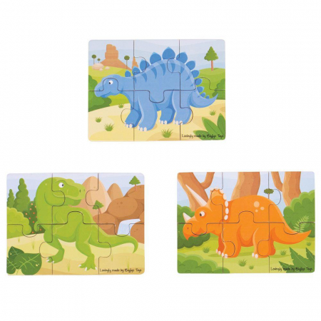 Puzzle - Set 3 puzzle din lemn - Dinozauri, BIGJIGS Toys, 2-3 ani +
