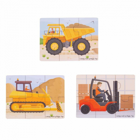 Set 3 puzzle din lemn - Vehicule pentru constructii, BIGJIGS Toys, 2-3 ani + [1]