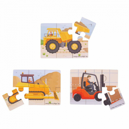 Puzzle - Set 3 puzzle din lemn - Vehicule pentru constructii, BIGJIGS Toys, 2-3 ani +